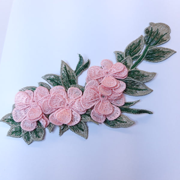 Blush peach pink and green flower embroidered applique