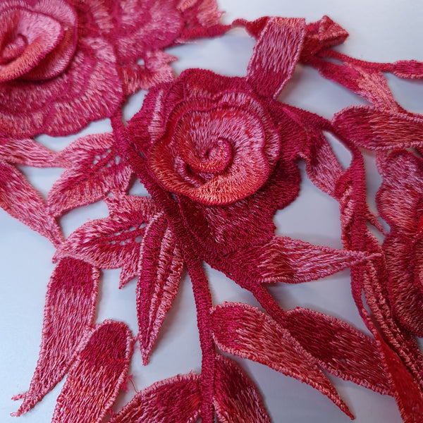 Large red and coral embroidered flower applique