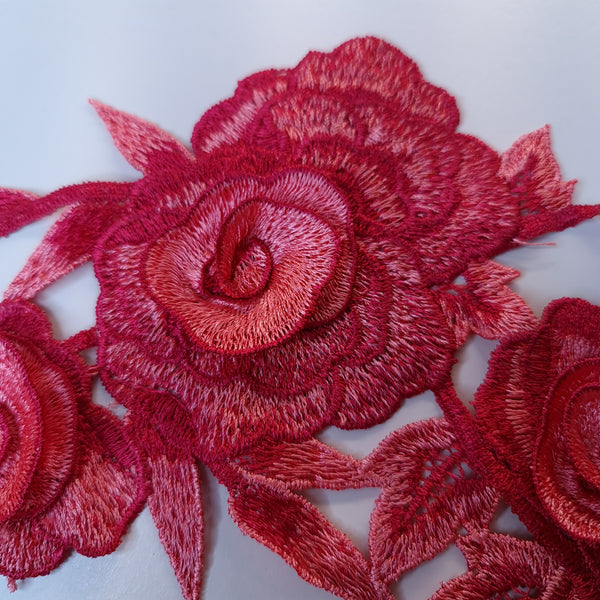 Large red and coral embroidered flower applique