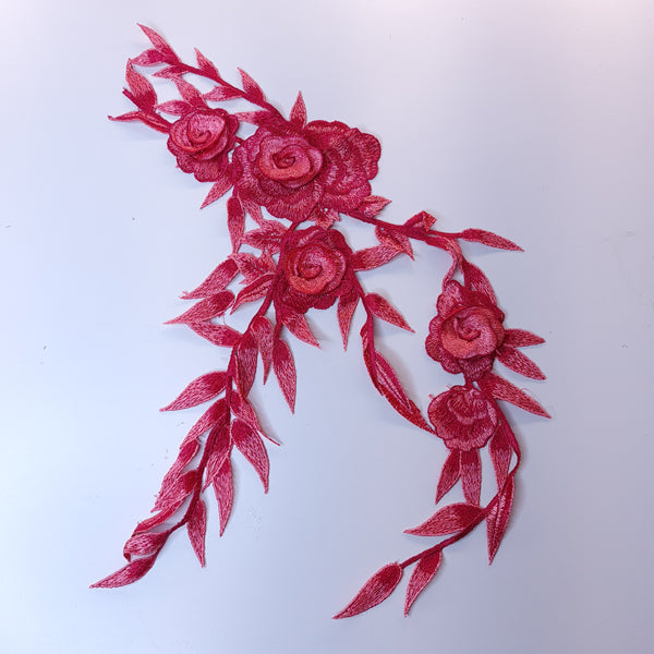 Large red and coral embroidered flower applique