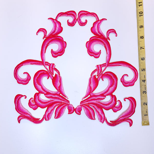 Mirrored pair iron on embroidered appliques pink and red