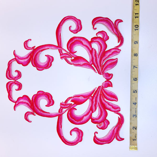 Mirrored pair iron on embroidered appliques pink and red
