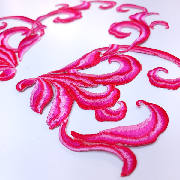 Mirrored pair iron on embroidered appliques pink and red