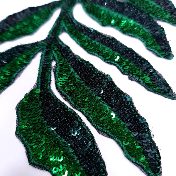 Green sequin leaf appliques mirrored pair
