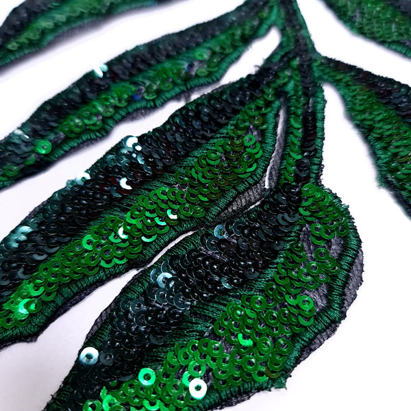 Green sequin leaf appliques mirrored pair