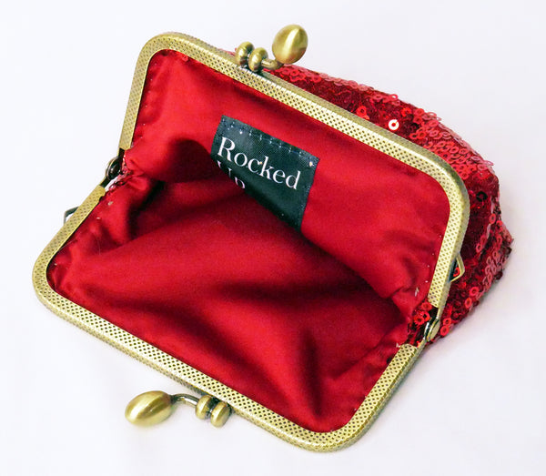 Small red sequin coin purse with brass frame