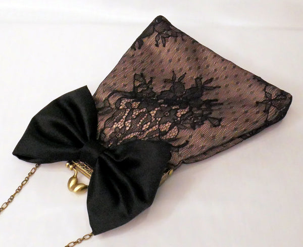 Black Lace Pouch Bag With Bow