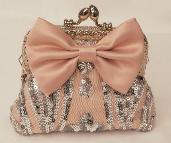 silver sequin and blush pink satin small purse with blush satin bow and silver frame