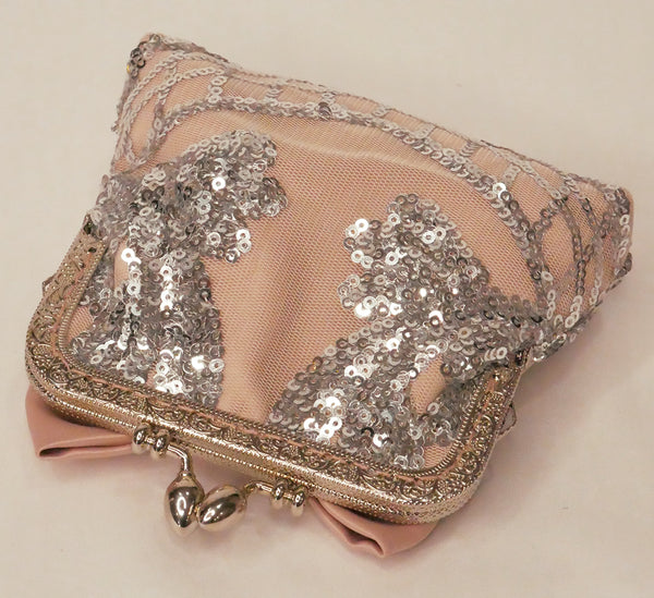 silver sequin and blush pink satin small purse with blush satin bow and silver frame