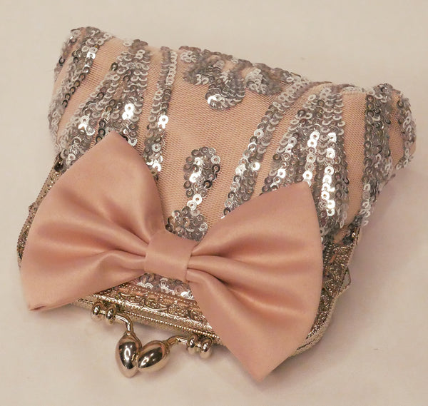 silver sequin and blush pink satin small purse with blush satin bow and silver frame