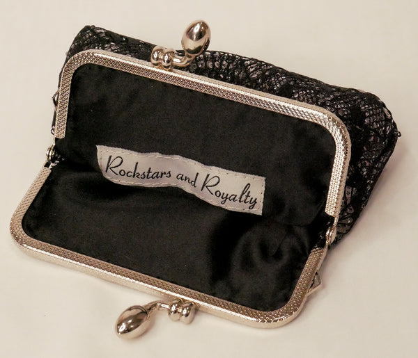 silver sequin small purse with black lace overlay and silver frame