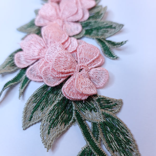 Blush peach pink and green flower embroidered applique