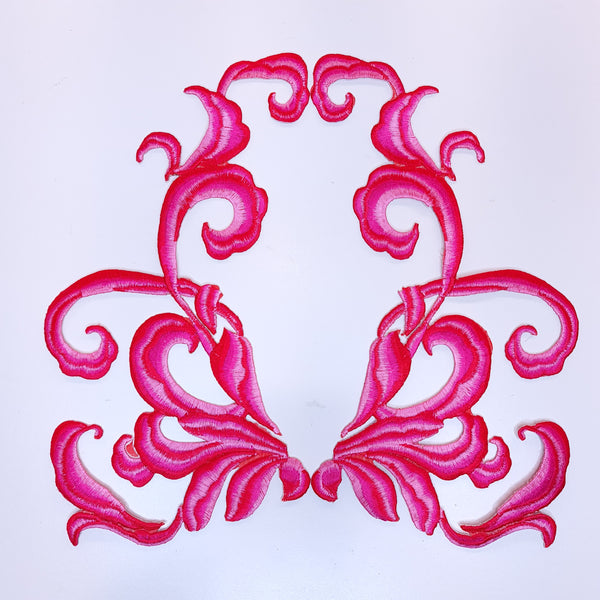 Mirrored pair iron on embroidered appliques pink and red