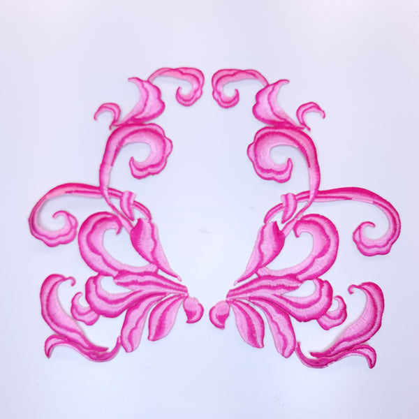 Mirrored pair iron on embroidered appliques pink
