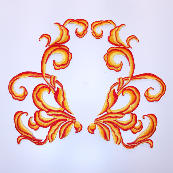 Mirrored pair iron on embroidered appliques orange