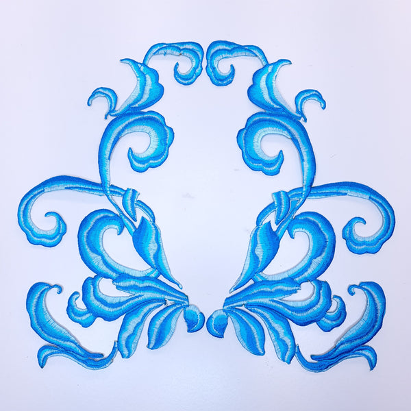 Mirrored pair iron on embroidered appliques blue