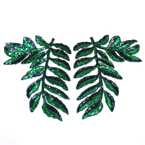 Green sequin leaf appliques mirrored pair