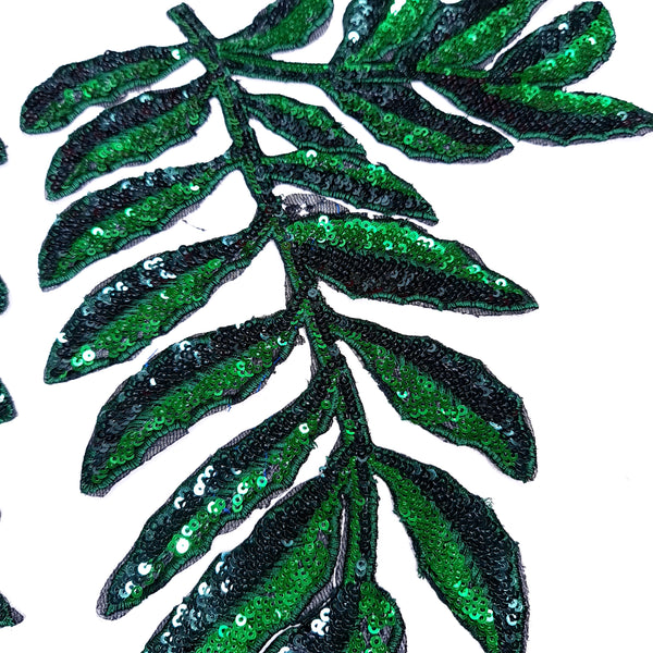 Green sequin leaf appliques mirrored pair