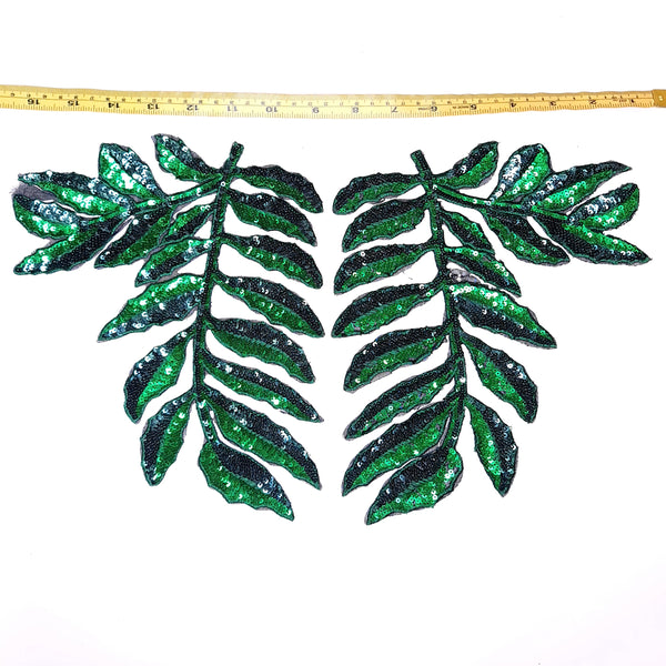 Green Sequin Leaf Applique Mirrored Pair