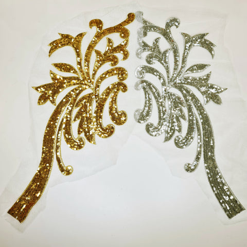 Large Mirrored Sequin Applique Pair. Gold or Silver