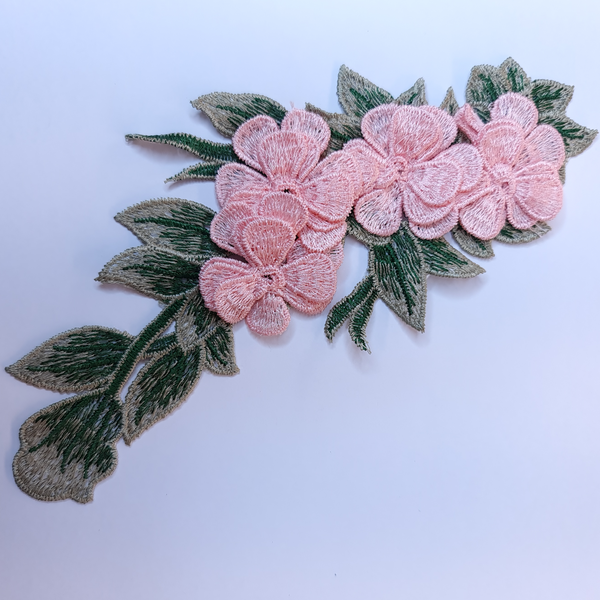 Blush peach pink and green flower embroidered applique