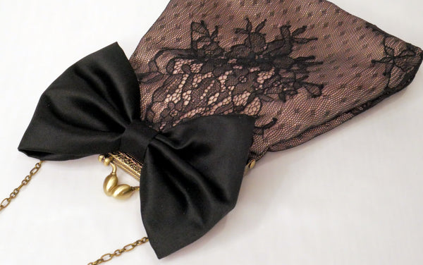 Black Lace Pouch Bag With Bow