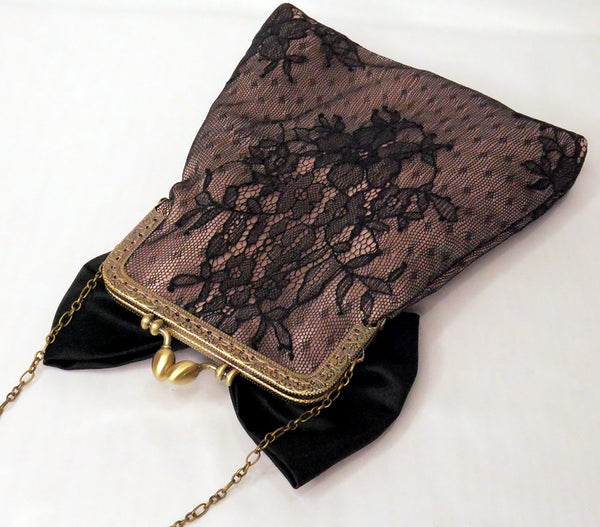 Black Lace Pouch Bag With Bow