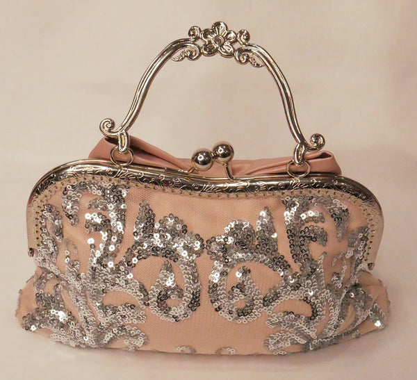 Blush pink satin and silver sequin lace handbag with a bow, silver frame and handle