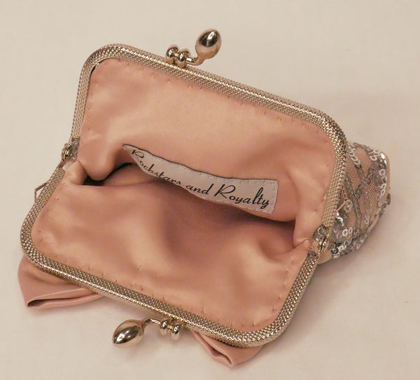 silver sequin and blush pink satin small purse with blush satin bow and silver frame